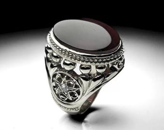 Handcrafted Deep Brown Yemeni Aqeeq Ring For Men, Natural Agate Rings, 925 Sterling Silver Aqeeq Ring Shia Rings