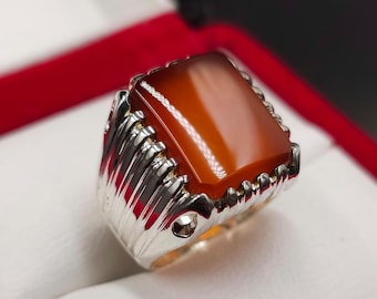 Handcrafted Yemeni Aqeeq Ring For Men, Natural Agate Rings, 925 Sterling Silver Aqeeq Ring Shia Rings