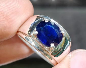 Handcrafted Mens Sapphire Ring, Blue Sapphire Ring, Natural Sapphire 925 Sterling Silver Ring, Neelam Ring
