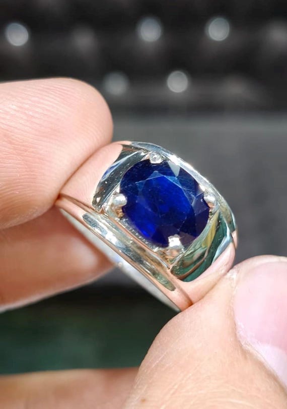 Bague saphir pour homme, bague saphir bleu, bague en argent