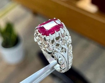 Handcrafted Emerald Cut Ruby Ring, Natural Ruby Sterling Silver 925 Yaqoot Ring Roby Gemstone Ring