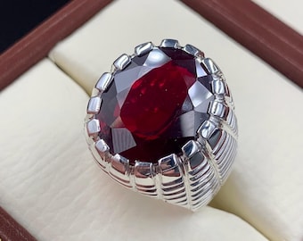 Handcrafted Mens Garnet Ring, Red Garnet 925 Sterling Silver Ring, Garnet Ring