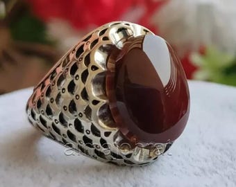 Natural Agate Rings, Handcrafted Yemeni Aqeeq Ring For Men, 925 Sterling Silver Aqeeq Ring Shia Rings