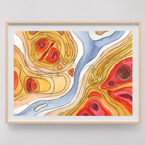 May include: Abstract watercolor painting in a wooden frame. The painting features a swirling pattern of yellow, orange, red, and blue.