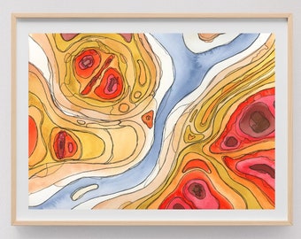 Topografische fantasiekaart 7, origineel kunstwerk, aquarel met fijne voering, 9 x 12 inch, contourtekening, oktober 2024