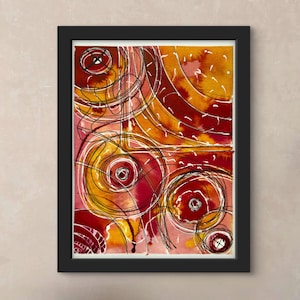 Pintura abstracta en acuarela, impresión de archivo, varios tamaños, enero de 2025, "Baño de sangre en la colonia lunar", rojo y cálido - Hecho en Wisconsin