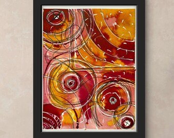 Abstracte aquarelprint, rode en warme inkt: