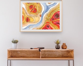 Topographic Map Fantasy Print in Watercolor and Ink | Home Decor Art | Variety of Sizes Available