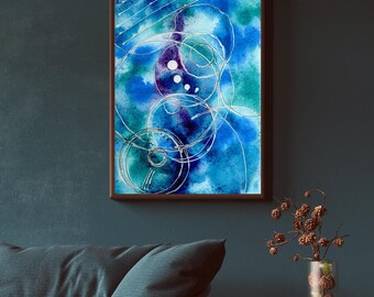Archiefdruk, abstracte aquarel inkt, 9 x 12 inch, blauwe zeezouttextuur kleurentheorie cirkels, december 2024, zonder titel 67