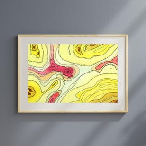 ユニークなファンタジーマップ地形水彩画 | 黄色とピンク | 様々なサイズ | アーカイブジクレープリント