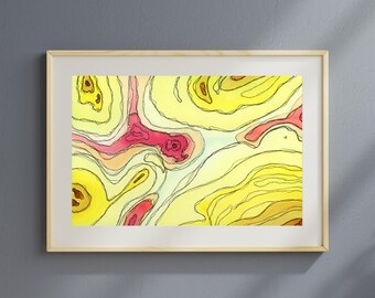 Unieke fantasiekaart topografische aquarelverf | Geel en roze | Verschillende maten | Gicleeprint uit archiefmateriaal