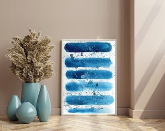 Aquarel inktschilderij op archiefkwaliteit papier, origineel kunstwerk, koele blauwe penseelstreken, archiefafdruk, zonder titel #7, september 2024
