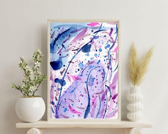 オリジナルアートワーク、抽象的な水彩画、9x12インチ、青と紫、2024年