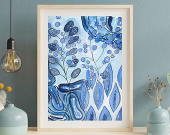 Onderwater zeegezicht, abstracte archivering gicleeprint, originele unieke aquarel | Verschillende maten beschikbaar
