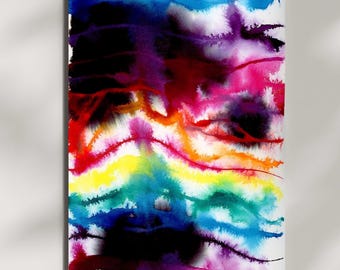 Giclée print archivering, origineel kunstwerk, abstract aquarel inktschilderij, 9 x 12 inch, regenboogtopografie, december 2024, zonder titel 63