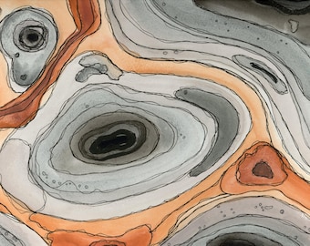 Origineel kunstwerk, aquarel, topografische fantasiekaart 5, 9 x 12 inch, contourtekening, archiefafdruk oktober 2024