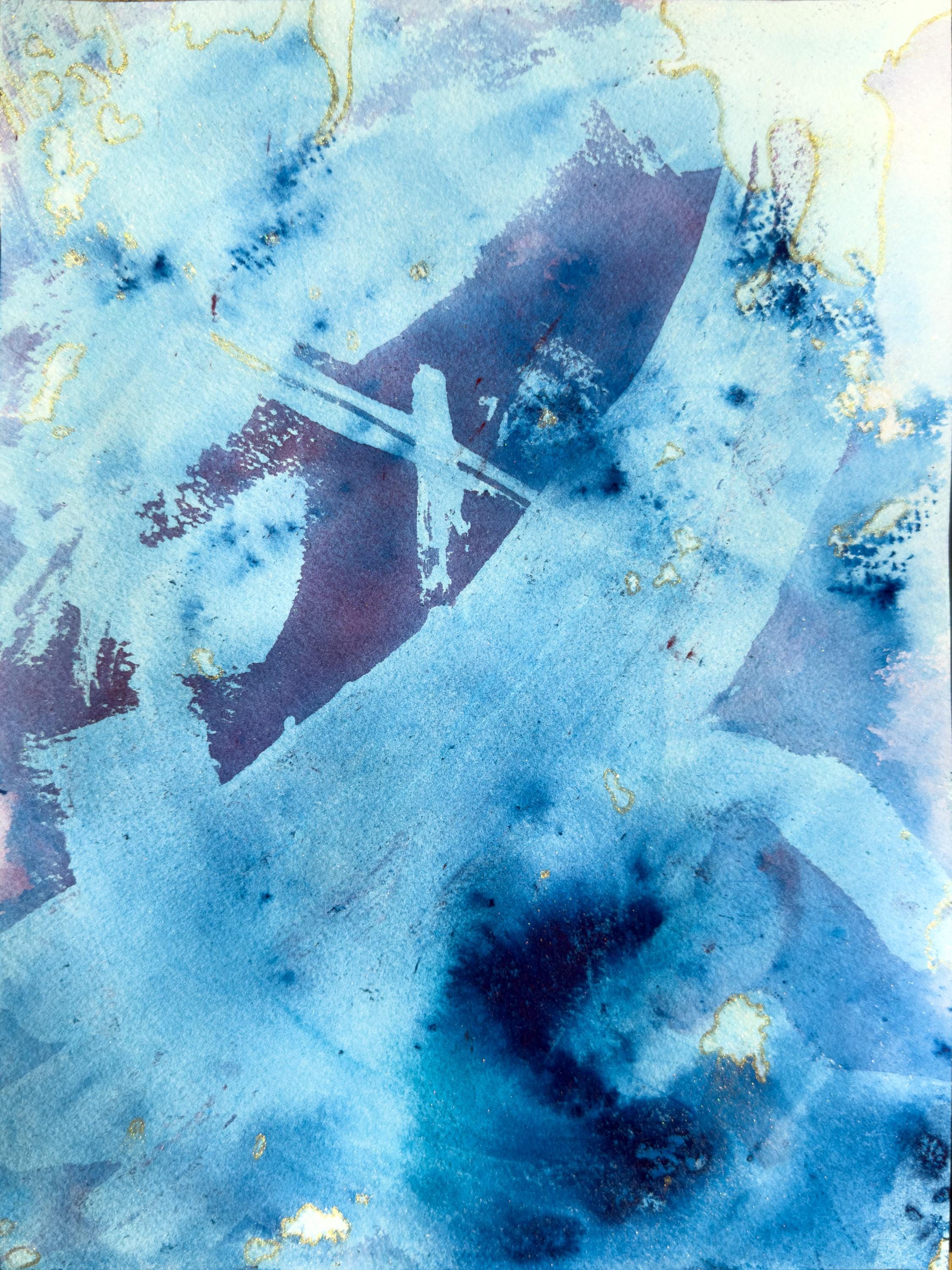 抽象水彩インク画、オリジナル作品、9x12インチ、2025年1月、「窓