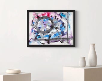 Abstracte aquarel gicléeprint, blauw roze zilver, archiefkwaliteit