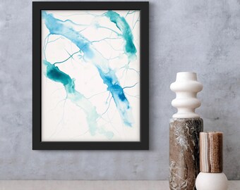 Watercolor Waterfall Painting | Abstract Blue & Green Art (9x12 inches)