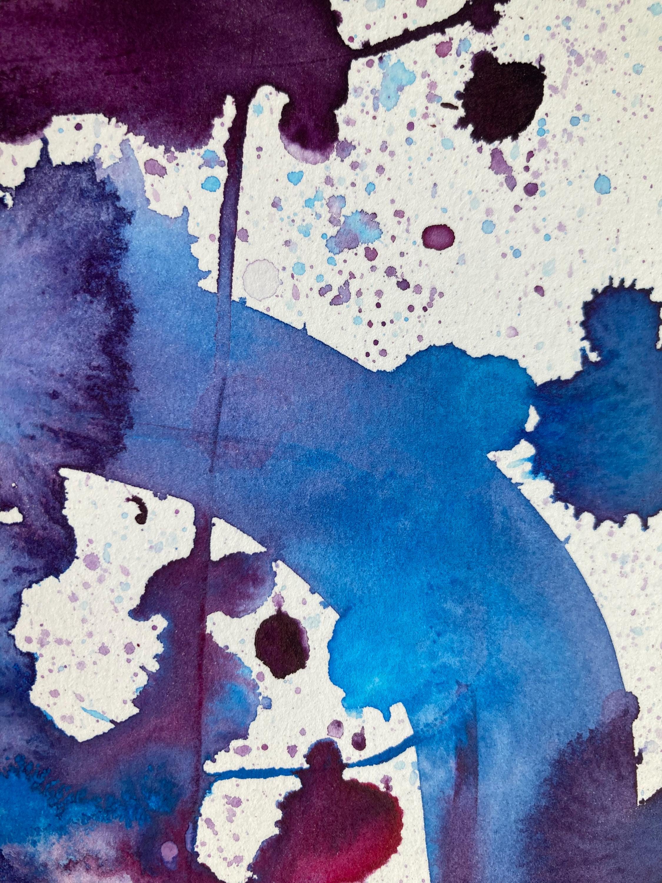 オリジナル作品、抽象水彩画、9x12インチ、青と紫、2024年11月、無題59