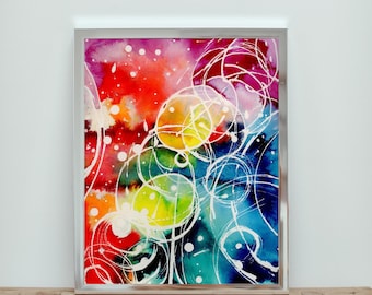 Abstracte aquarel inkt, 9 x 12 inch, regenboog witte Galaxy-cirkels, december 2024, zonder titel 70, gearchiveerde gicléeprint