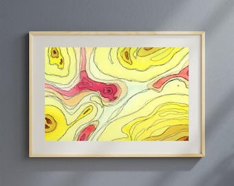 Originele fantasie aquarel topografische kaartkunst, contourtekening fijne voering, 9 x 12 inch