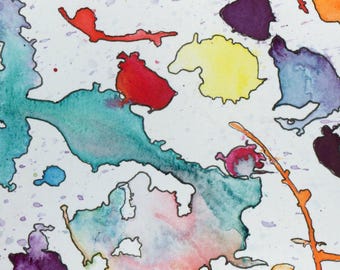 Gicléeprint van originele splatter-aquarelinkt met Oost-Oranische inkt op koudgeperst papier, zonder titel #22, 4 x 6 inch, oktober 2024