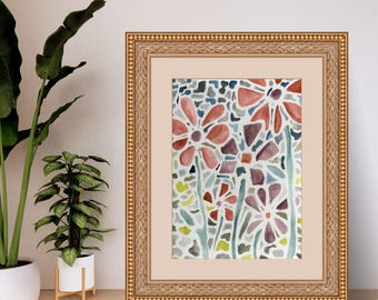 Abstracte bloemenaquarel, archiefgicléeprint, 9 x 12 inch