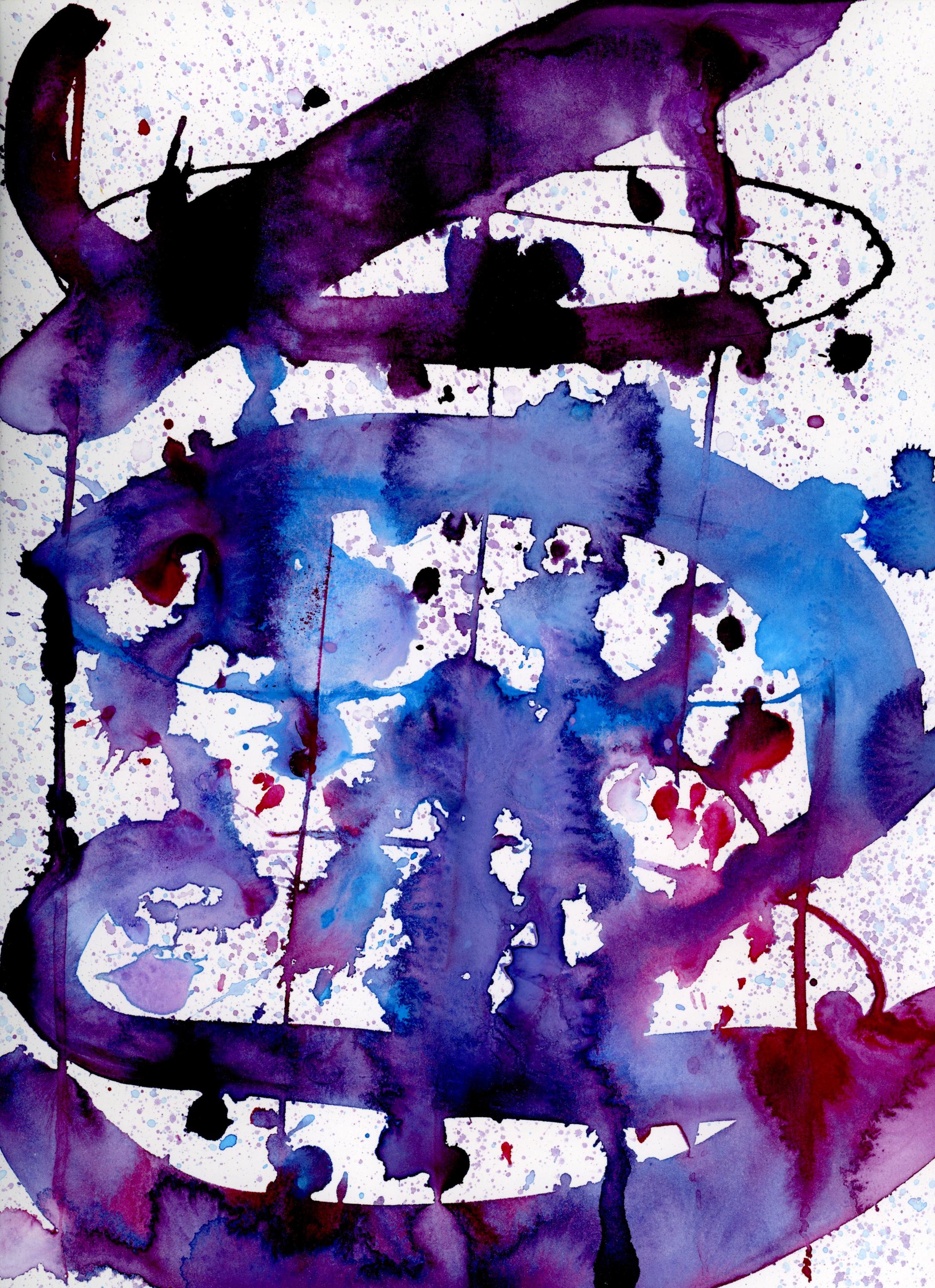 オリジナル作品、抽象水彩画、9x12インチ、青と紫、2024年11月、無題59