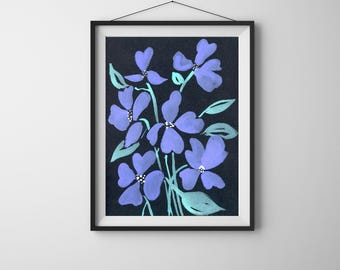 Archiefdruk paarse bloemen aquarel, clematis bloemenkunst (8 x 10)