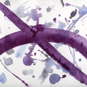 May include: Abstract watercolor painting with purple and gray splatter and brushstrokes on a white background.