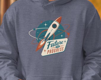 Felpa con cappuccio Retro Rocket Future Progress, illustrazione spaziale vintage