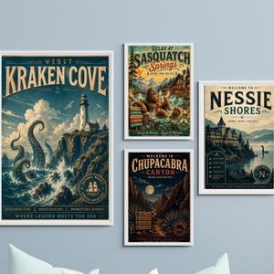 Cryptid Travel Poster Collection, Set of 10 Vintage Tourism Digital Prints