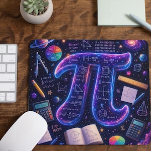 May include: A rectangular mouse pad featuring a large, glowing, purple and blue pi symbol centered against a dark space-themed background filled with mathematical formulas, geometric shapes, a calculator, a pencil, a ruler, and an open book.