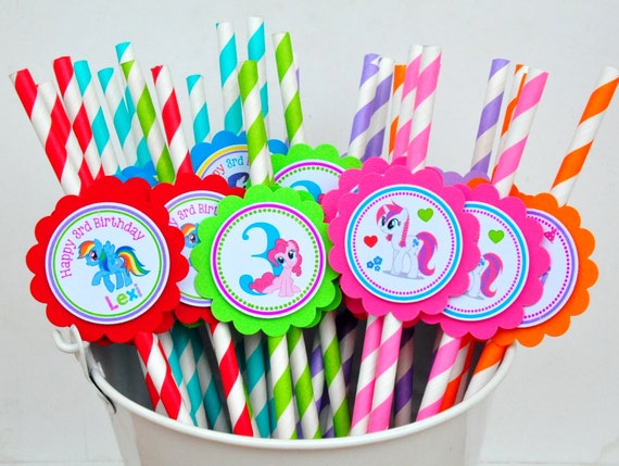 My Little Pony Straws, Striped Paper Straws, My Little Pony Birthday Party, Personalized Drinking Straws in rainbow colos -Set of 12 Il_570xn