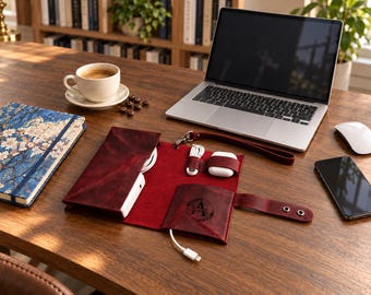 May include: A deep red leather tech organiser featuring a fold-out design with internal pockets for cables, a power bank, and wireless earbuds. The exterior flap displays a circular logo with the letter A surrounded by a leaf wreath.