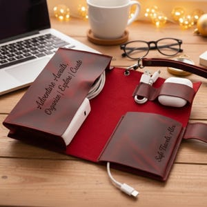 May include: A burgundy leather tech organizer with the text "Adventure Awaits, Organize | Explore | Create" and "Safe Travels, Alex". The organizer holds a charger, cables, and a pair of white wireless earbuds. The interior is red.