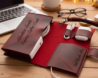 Personalized Leather Tech Organizer, Travel Cable Bag, Handmade Electronics Pouch, Charger Case Accessories Holder