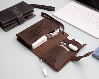Personalized Leather Cable Organizer, Graduation Gift for Him, Son College High School Cable Holder