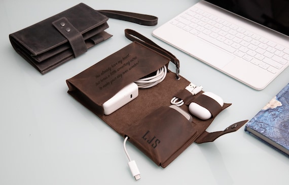 Personalized Leather Cable Organizer, Travel Tech Case, Electronics Bag, Charger Holder, Genuine Pouch Accessories