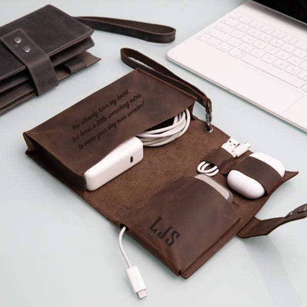 Personalized Leather Cable Organizer, Graduation Gift for Him, Son College High School Cable Holder