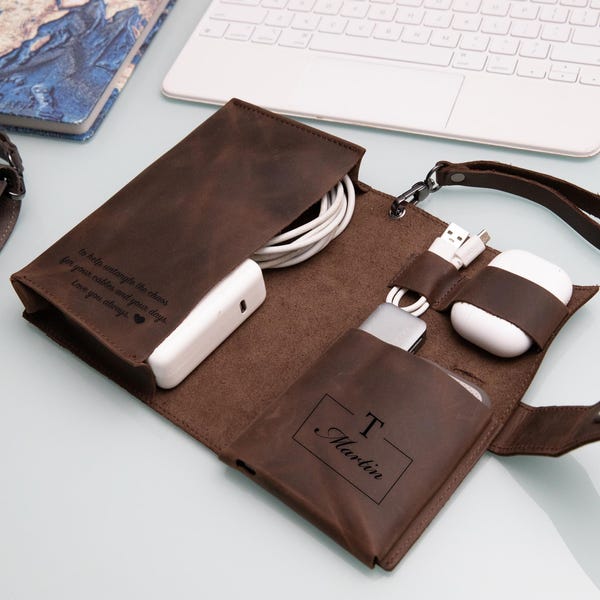 Personalized Full Grain Leather Cable Organizer, Customized Travel Electronics Holder, Carrier Gift for Him