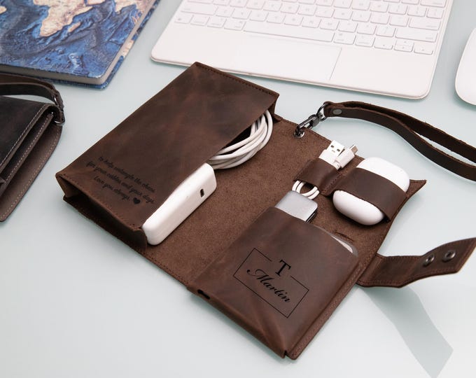 Personalized Full Grain Leather Cable Organizer, Customized Travel Electronics Holder, Carrier Gift for Him