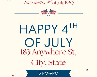 Puede incluir: Invitación color crema con estrellas rojas y azules y texto. El texto dice "The Smith's 4th of July BBQ" y "HAPPY 4TH OF JULY". Incluye dirección, hora e información de RSVP. También hay dos banderas americanas.