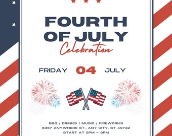 Fjärde juli-firande, 4 juli-festinbjudan, redigerbar festinbjudan, Canva-mall, inbjudan till självständighetsdagens fest,