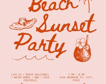 Beach Party Evite, Beach Sunset Party Invitation, Sunset Party Invite, Canva Template, Editable Template, Girls Party Invitation, Evite.
