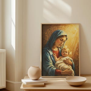 Mutter Maria und Jesuskind Kunstdruck | Katholische Digitale Marian Wanddekoration | Sofortdownload | Christliches Kinderzimmer Geschenk | Rosenkranz | Impasto