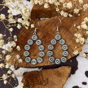 Silver and Turquoise Flower Earrings, Western Statement Earrings: Rustic Boho Jewelry For Women, Western Silver Jewelry, Best Friend Gift