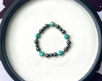 Western Bracelet, Turquoise & Hematite Bracelet with Silver Accents – Boho Cowgirl Jewelry, Handmade Beaded Bracelet, Perfect Gift for Her
