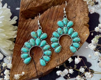 Western Turquoise Earrings: Rustic Silver Plated Crescent Earrings, Jewelry Gift For Women, Statement Jewelry Gift for Her